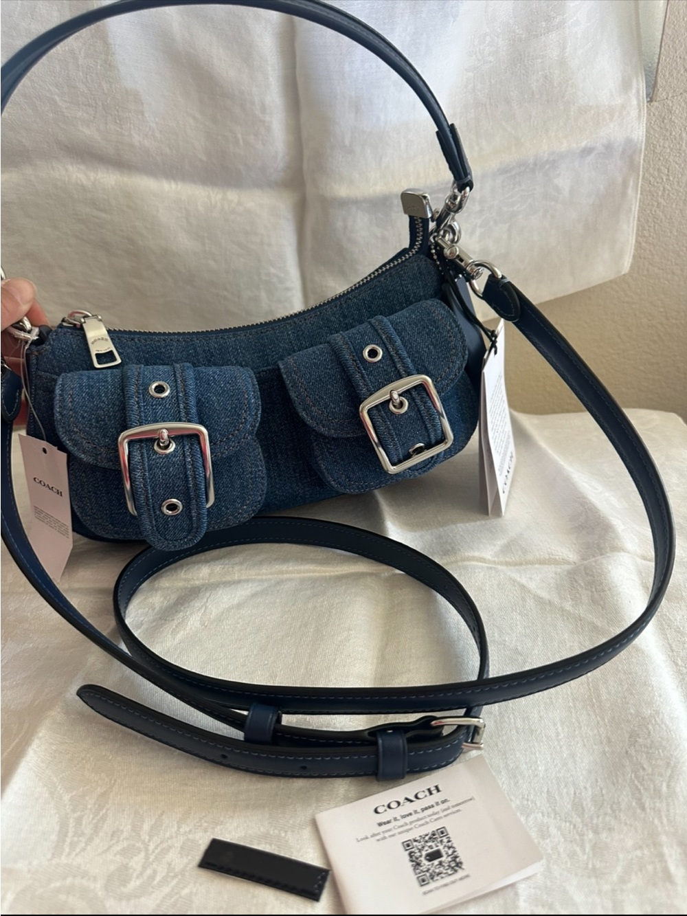 Coach Denim Shoulder and Cross body Bag with Silver Hardware